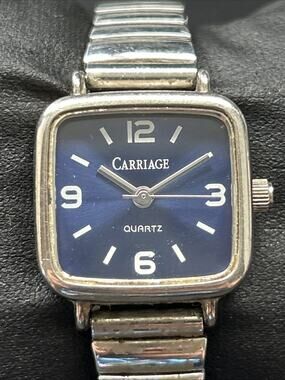 Carriage Navy Blue Dial Silver Tone Women’s Stretch Band Quartz Watch